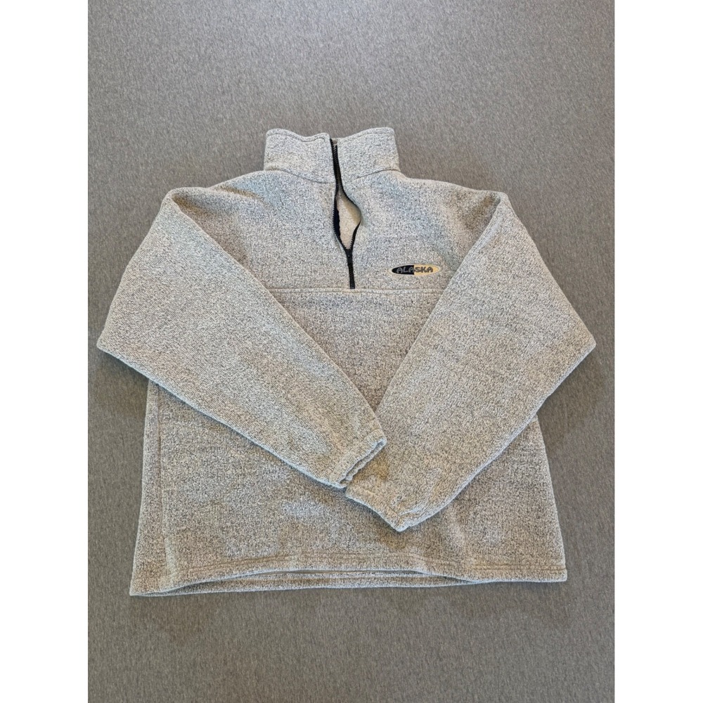 Vintage Alaska 1/4 Zip Fleece Pullover Heather Grey Sherpa Lined Made in USA XL